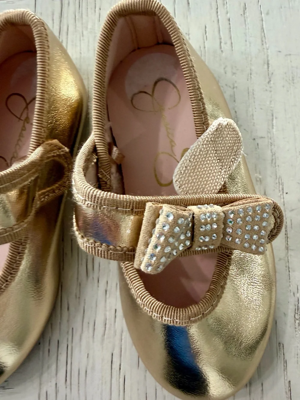 Jessica Simpson Gold Mary Jane Slip-on Faux Patent Dress Shoes Rhinestone Bow 5